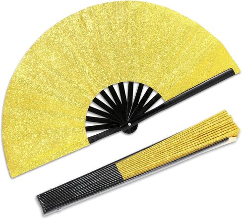 Qyeahkj Glitter Black Hand Fan for Men Women Large Folding Hand Fan Rave Clack Handheld Fan Chinese Tai Chi Kung Fu Fan Foldable Fabric Fan Decorative Folding Fan for EDM Club Party Dance Performance in Kuwait