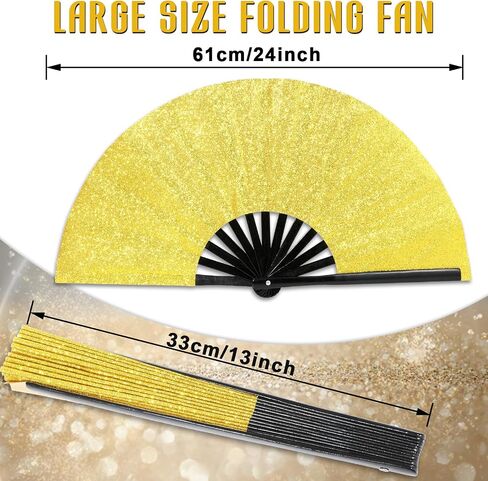 Qyeahkj Glitter Black Hand Fan for Men Women Large Folding Hand Fan Rave Clack Handheld Fan Chinese Tai Chi Kung Fu Fan Foldable Fabric Fan Decorative Folding Fan for EDM Club Party Dance Performance in Kuwait