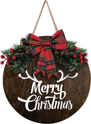 MayAvenue Let It Snow Wreaths Decor Sign Front Door, Round Wood Hanging Sign with Ribbon Bow and Artificial Pine Branches Green Leaves Farmhouse Porch Decorations for Home Christmas, Brown in Kuwait