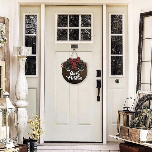 MayAvenue Let It Snow Wreaths Decor Sign Front Door, Round Wood Hanging Sign with Ribbon Bow and Artificial Pine Branches Green Leaves Farmhouse Porch Decorations for Home Christmas, Brown in Kuwait
