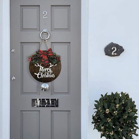 MayAvenue Let It Snow Wreaths Decor Sign Front Door, Round Wood Hanging Sign with Ribbon Bow and Artificial Pine Branches Green Leaves Farmhouse Porch Decorations for Home Christmas, Brown in Kuwait