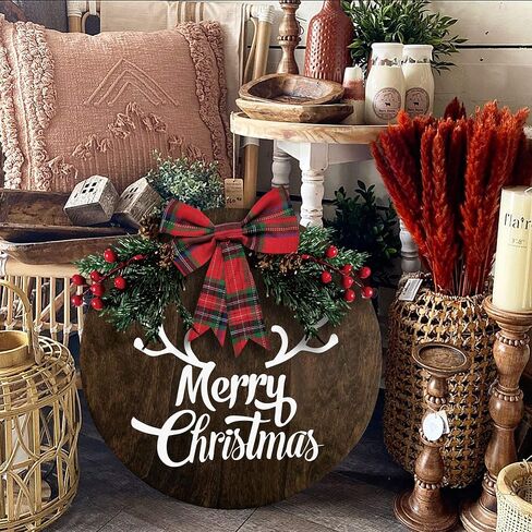 MayAvenue Let It Snow Wreaths Decor Sign Front Door, Round Wood Hanging Sign with Ribbon Bow and Artificial Pine Branches Green Leaves Farmhouse Porch Decorations for Home Christmas, Brown in Kuwait