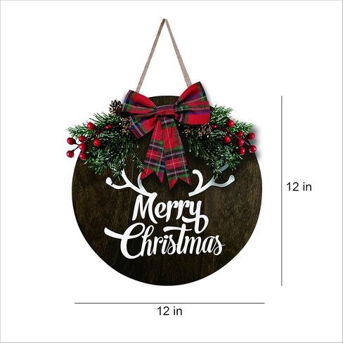 MayAvenue Let It Snow Wreaths Decor Sign Front Door, Round Wood Hanging Sign with Ribbon Bow and Artificial Pine Branches Green Leaves Farmhouse Porch Decorations for Home Christmas, Brown in Kuwait