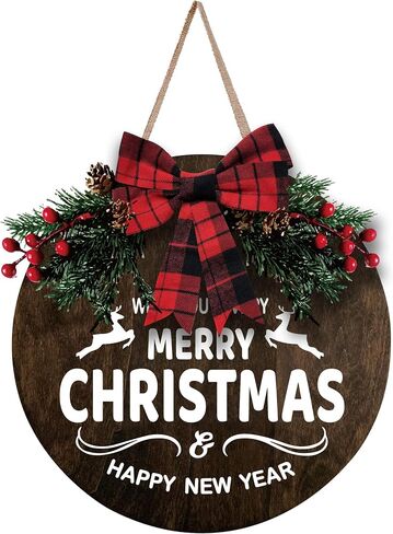 MayAvenue Let It Snow Wreaths Decor Sign Front Door, Round Wood Hanging Sign with Ribbon Bow and Artificial Pine Branches Green Leaves Farmhouse Porch Decorations for Home Christmas, Brown in Kuwait