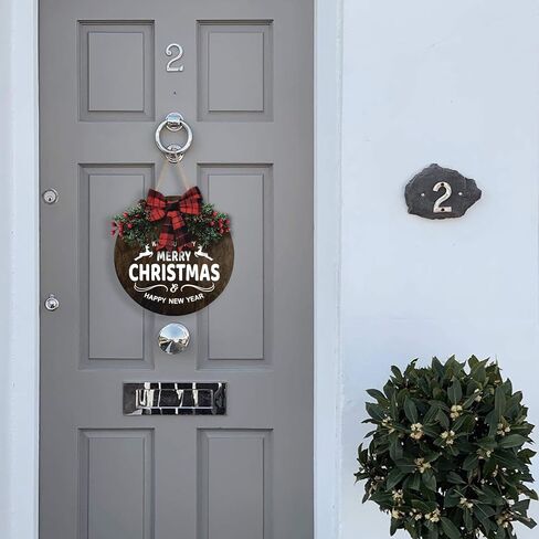 MayAvenue Let It Snow Wreaths Decor Sign Front Door, Round Wood Hanging Sign with Ribbon Bow and Artificial Pine Branches Green Leaves Farmhouse Porch Decorations for Home Christmas, Brown in Kuwait