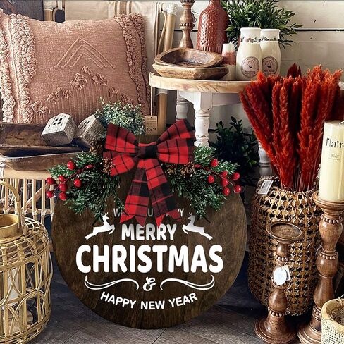 MayAvenue Let It Snow Wreaths Decor Sign Front Door, Round Wood Hanging Sign with Ribbon Bow and Artificial Pine Branches Green Leaves Farmhouse Porch Decorations for Home Christmas, Brown in Kuwait