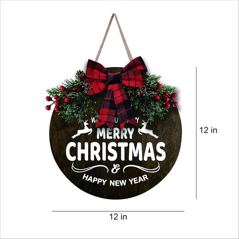 MayAvenue Let It Snow Wreaths Decor Sign Front Door, Round Wood Hanging Sign with Ribbon Bow and Artificial Pine Branches Green Leaves Farmhouse Porch Decorations for Home Christmas, Brown in Kuwait