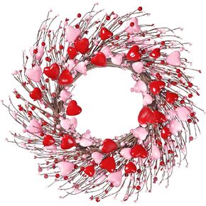 Sggvecsy 21’’ Valentine's Day Wreath Handmade Foam Heart Shaped Wreath Pink Pip Berry Artificial Rustic Twig Wreath Artificial Door Wreath for Wedding Party Home Office Decor