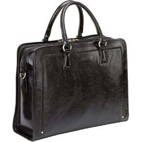 Banuce Full Grains Italian Vegetable Tanned Leather Briefcase for Women Attache Case Stylish Handbags 14 Inch Laptop Computer Professional Business Work Bags with Luggage Strap Black