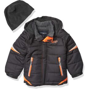 London Fog Boys' Color Blocked Winter Puffer Jacket with Hat, Dark Grey with Grey Stripe, 7