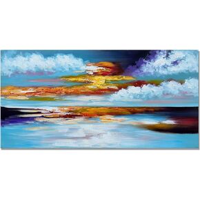 yao or miao 100% Handmade Oil Paintings, Minimalist Blue Graffiti Wall Art, Large Abstract Canvas Wall Art for Living Room, Horizontal Artwork for Walls Ready to Hang 24"x48".