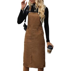 WDIRARA Women's Plus Size Corduroy Overalls Sleeveless Solid Pinafore Dress with Pocket