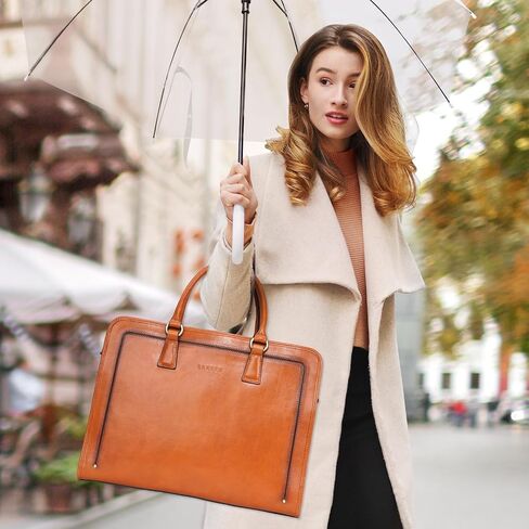 Banuce Full Grains Italian Vegetable Tanned Leather Briefcase for Women Attache Case Stylish Handbags 14 Inch Laptop Computer Professional Business Work Bags with Luggage Strap Black in Saudi Arabia