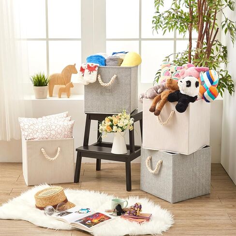 صندوق تخزين من قماش الخيزران قابل للطي من EZOWare مع مقبض من حبل القطن، منظم صندوق سلة مقاوم للطي لغرف الأطفال والخزانة والمزيد (مجموعة من 2، بيج) in Kuwait