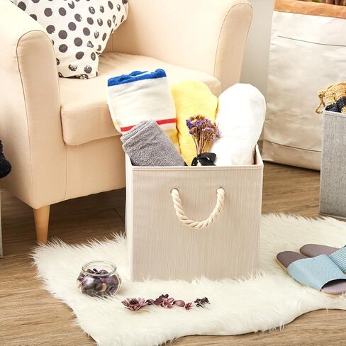 صندوق تخزين من قماش الخيزران قابل للطي من EZOWare مع مقبض من حبل القطن، منظم صندوق سلة مقاوم للطي لغرف الأطفال والخزانة والمزيد (مجموعة من 2، بيج) in Kuwait