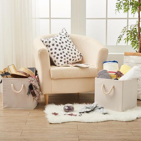 صندوق تخزين من قماش الخيزران قابل للطي من EZOWare مع مقبض من حبل القطن، منظم صندوق سلة مقاوم للطي لغرف الأطفال والخزانة والمزيد (مجموعة من 2، بيج) in Kuwait