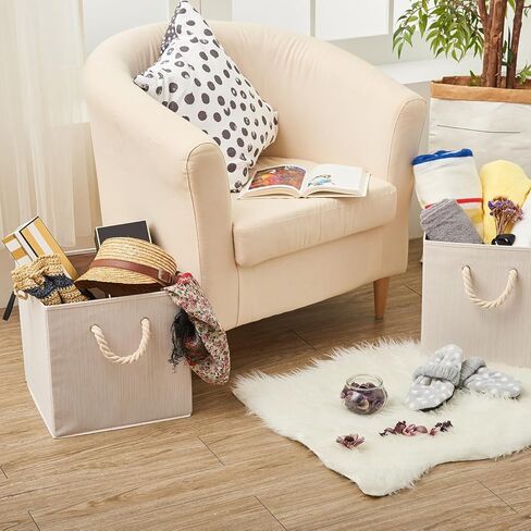 صندوق تخزين من قماش الخيزران قابل للطي من EZOWare مع مقبض من حبل القطن، منظم صندوق سلة مقاوم للطي لغرف الأطفال والخزانة والمزيد (مجموعة من 2، بيج) in Kuwait