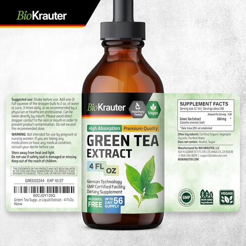 Green Tea Extract Tincture - Green Tea Supplements - Antioxidant Source - Immune Support Supplement - Alcohol and Sugar Free - Vegan Drops 2 Fl.Oz. in Kuwait