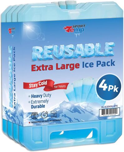 Sport Temp Reusable Jumbo Ice Pack (Set of 4) Long Lasting - Perfect for Keeping Food Or Beverages Cold, Coolers, Camping, Beach Coolers, Hiking & More. Clear Blue. in Saudi Arabia