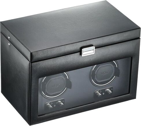 WOLF Heritage Triple Winder with Storage, Black - Secure Fit with Patented Lock-In Dynamic Cuff - For Bigger, Heavier Watches - Vegan Leather & Glass Cover - Includes Universal Adapter in Saudi Arabia