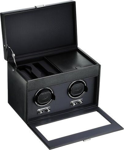 WOLF Heritage Triple Winder with Storage, Black - Secure Fit with Patented Lock-In Dynamic Cuff - For Bigger, Heavier Watches - Vegan Leather & Glass Cover - Includes Universal Adapter in Saudi Arabia
