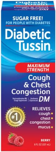 دواء السعال من Diabetic Tussin DM ذو القوة القصوى مع تخفيف احتقان الصدر - 8 أونصة سائلة - شراب السعال السائل، آمن لمرضى السكر، بنكهة التوت، عبوتان in Kuwait