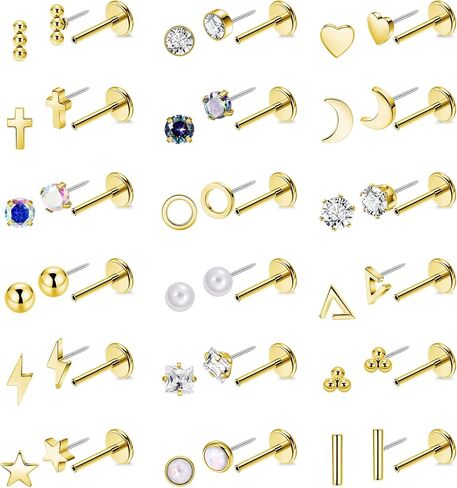 NICEIGHT 18Pairs 20G 316L Stainless Steel Threadless Push in Stud Earrings for Women Men Flat Back Cartilage Stud Earring Helix Tragus Stud CZ Heart Moon Star Ear Stud Piercing Jewelry in Kuwait
