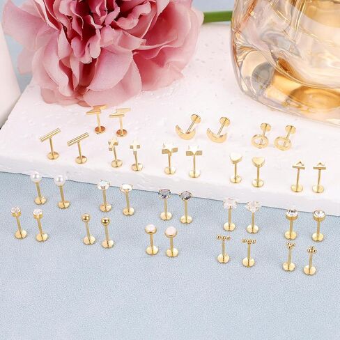 NICEIGHT 18Pairs 20G 316L Stainless Steel Threadless Push in Stud Earrings for Women Men Flat Back Cartilage Stud Earring Helix Tragus Stud CZ Heart Moon Star Ear Stud Piercing Jewelry in Kuwait