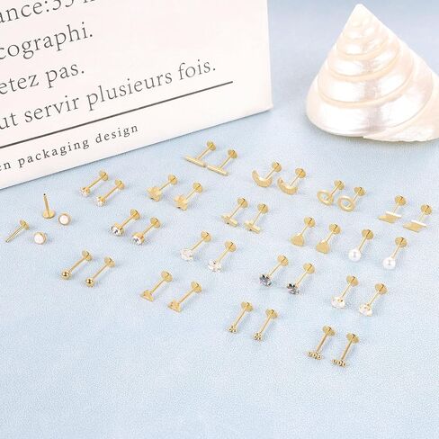 NICEIGHT 18Pairs 20G 316L Stainless Steel Threadless Push in Stud Earrings for Women Men Flat Back Cartilage Stud Earring Helix Tragus Stud CZ Heart Moon Star Ear Stud Piercing Jewelry in Kuwait