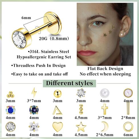 NICEIGHT 18Pairs 20G 316L Stainless Steel Threadless Push in Stud Earrings for Women Men Flat Back Cartilage Stud Earring Helix Tragus Stud CZ Heart Moon Star Ear Stud Piercing Jewelry in Kuwait