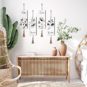 Qunclay 4 Pieces Boho Wall Decor for Bathroom 12 x 5 Inch Relax Soak Unwind Breathe Bathroom Sign with Beads Leaf Print Minimalist Botanical Wall Art Farmhouse Wooden Hanging Wall Art(Gray, Flower)