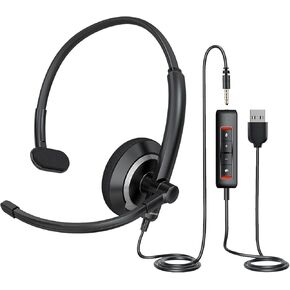 USB Headset with Microphone for PC Laptop - Wired Computer Headphones with Microphone Noise Cancelling,On Ear Office Call Center Headset for Boom Skype Webinars,Mute Control,Lightweight