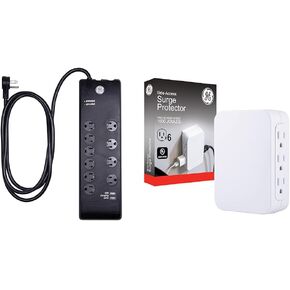 GE UltraPro 10-Outlet Surge Protector, 2 USB Ports, 6 Ft Power Cord, 3000 Joules, Flat Plug & Pro 6-Outlet Extender, Surge Protector, Side Access, Wall Tap Adapter, 3-Prong, 1200 Joules