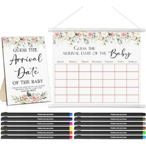 Sintuff Guess The Due Date for Baby Calendar Include 1 Pcs Guess The Arrival Date of The Baby Wooden Sign 1 Pcs Baby Predictions Sign Baby Calendar with 12 Pcs Colored Pens for Baby Shower Party Game