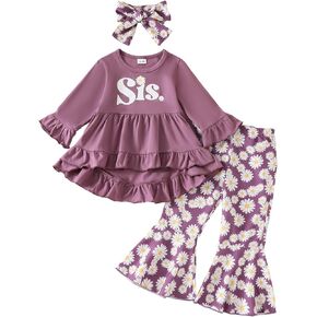 wdehow Toddler Baby Girls 3PCs Outfits Long Pullover Ruffle Dress Shirt Cow Print Flared Pants Set Fall Winter Clothes