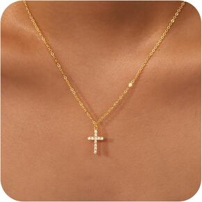 Poxtex 14K Gold Small Cross Necklace for Womens | Silver Tiny Cross Necklace | Christian Faith Small Cross Pendant Necklaces Jewelry Gifts
