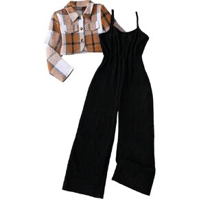 OYOANGLE Girl's 2 Pieces Outfits Plaid Print Long Sleeve Collared Neck Button Down Shirt Top and Cami Jumpsuit Set