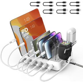 Charging Station for Multiple Devices,65W 6 Port Multi USB C Fast Charger Station with 6 Mixed Charging Cables,Charging Dock Compatible with iPhone iPad,Cell Phone,Tablets Android and More in Kuwait