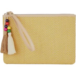 Masien Rauder Luxury Straw Wristlet Pouch Beach Clutch Bag Small Summer Vacation Purse w. Colorful Pom Poms Tassels for Women