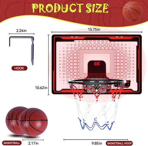 HEIFRIDAY Indoor Mini Basketball Hoop for Kids, Over The Door Basketball Hoops with LED Lighting, Mini Hoop with Scoreboard & 2 Balls, Basketball Toys for Boys Girls Age 5 6 7 8 9 10 11 12 in Saudi Arabia
