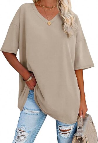 ATHMILE Womens Oversized T Shirts V Neck Tees Half Sleeve Cozy Comfy Tunic 2024 Y2K Tops Casual in Saudi Arabia