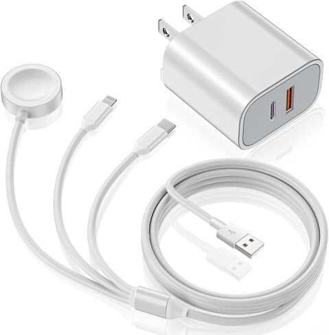 شاحن ساعة Apple USB C، 3 في 1 iPhone وشاحن ساعة كابل شاحن iWatch السريع المغناطيسي 6FT مع شاحن جداري مزدوج المنفذ 38W، متوافق مع Apple Watch SE/8/7/6/5/4 وiPhone 14/13/12/ 11 in Kuwait