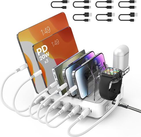 محطة شحن لأجهزة متعددة، محطة شحن سريعة متعددة USB C بقدرة 65 وات مع 6 منافذ USB C مع 6 كابلات شحن مختلطة، قاعدة شحن متوافقة مع iPhone iPad والهاتف الخلوي والأجهزة اللوحية Android والمزيد in Kuwait