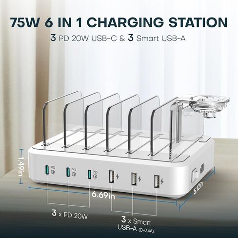 محطة شحن لأجهزة متعددة، محطة شحن سريعة متعددة USB C بقدرة 65 وات مع 6 منافذ USB C مع 6 كابلات شحن مختلطة، قاعدة شحن متوافقة مع iPhone iPad والهاتف الخلوي والأجهزة اللوحية Android والمزيد in Kuwait