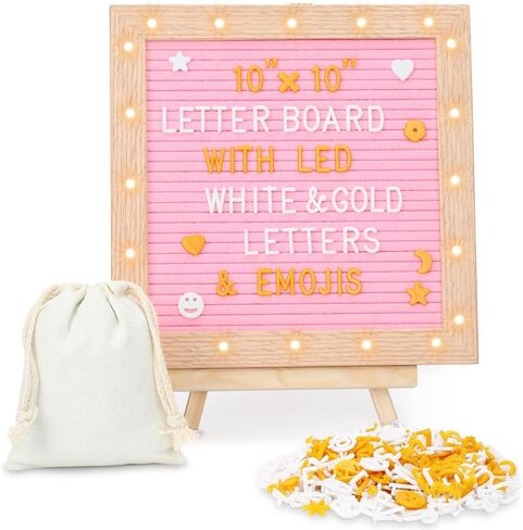 Felt Letter Board with LED Lights for Sign Message, Announcement, Wall Decor -10x10 Inches - Changeable Message Board with Stand, 340 White & 170 Gold Letters & Symbols (Pink) in Kuwait
