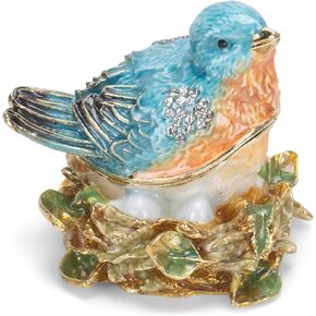 Cottage Garden Hand Painted Metal Enamel Hinged Trinket Box Ornamental Mini Jewelry Ring Earring Organizer Vintage Figurine Keepsake Box with Bejeweled Crystals, White Luxurious Swan Bird