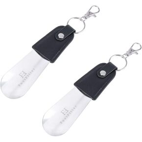 FootFitter Stainless Steel 5" Travel Shoe Horn with Keychain, Best on-the-go Shoehorn with Genuine Leather Handle Grip, 2 PACK!