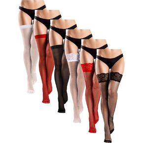 Xuhal 6 Pairs Women Thigh High Stocking Anti Slip Elastic Lace Top Silky Sheer Fishnet Knee Thigh High Socks for Women (Black, Red, White, Lace, Classic)