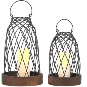 Vintage Candle Lantern Holder Set of 2 Candle Lanterns Decorative Indoor, Farmhouse Black Lanterns Decorative with Wooden Base, Metal Lantern Decor for Living Room Kitchen Table Fireplace Entryway