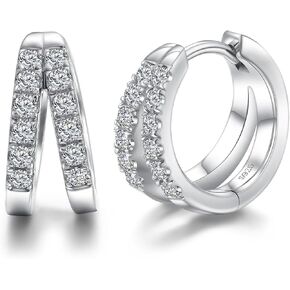 ONKAZO Moissanite Hoop Earrings,Double Huggie Earrings for Women,2mmx12 Secure Lock 18K Gold Plated 925 Sterling Silver Earring Lab Created Diamond Huggie Earrings
